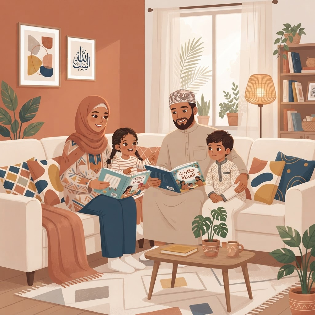 عائلة عربية سعيدة تقرأ معاً